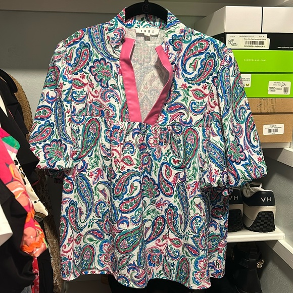 THML Tops - THML Paisley Print Puff Sleeve Top Faux Leather Trim